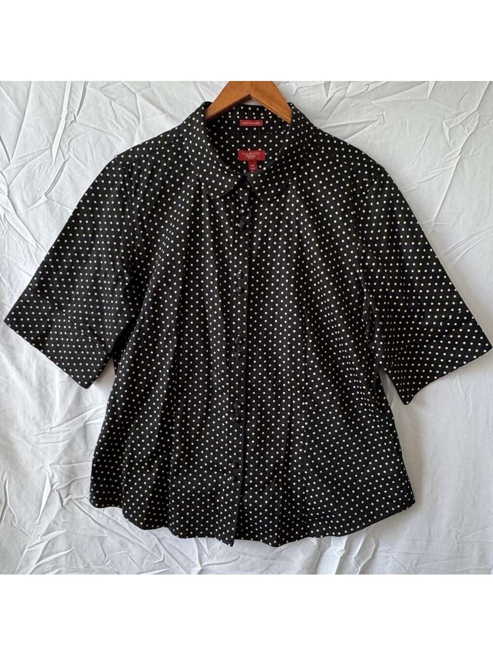 Talbots Shirt Womens 12P Petites Black White Polka Dot Stretch Cotton